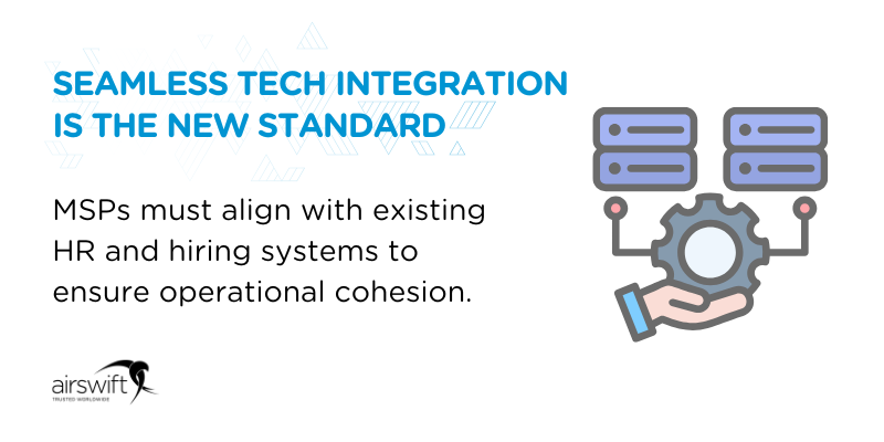 Seamless tech integration is the new standard - MSPs must align with existing HR and hiring systems to ensure operational cohesion Seamless tech integration is the new standard - MSPs must align with existing HR and hiring systems to ensure operational cohesion